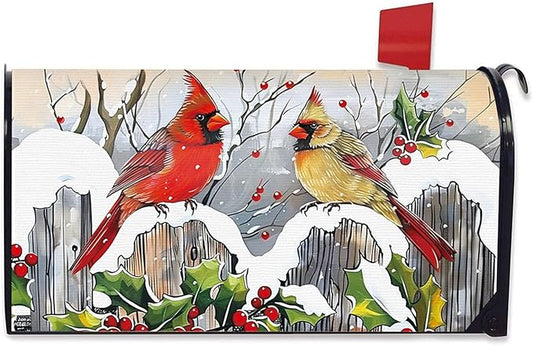 Winter Cardinal Mailbox Cover Magnetic Standard Size 20.5" x 18", Red Birds Holly Berries Snow Decorative Post Letter Box Wrap Decor, Christmas Seasonal Farmhouse Garden Yard Outdoor Decoration