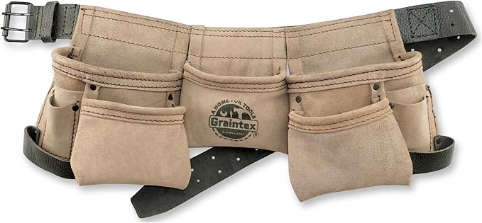 Graintex DS2243 :: 9 Pocket Children Tool Belt Beige Color Suede Leather, Kids Real Tool Belt, Boys and Girls Tool Apron for Home Improvement, 1.1/2" Leather Belt, Hammer Loops