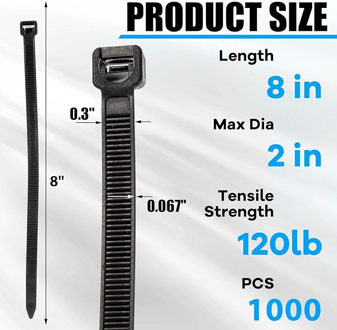 500 Pcs 8 Inch Zip Ties Heavy Duty 120 Lbs Tensile Strength Black Nylon Wire Cable Ties Bulk for Indoor Outdoor