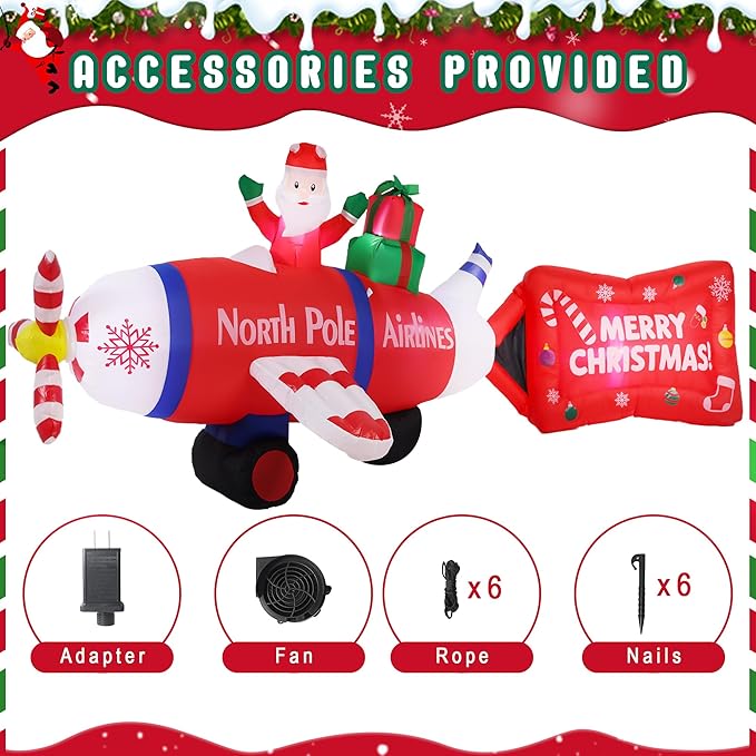 14FT Long Christmas Inflatables Decorations, Outdoor Santa Airplane Decoration, Giant Blow Up with with Built-in LED Lights for Yard Garden Lawn Holiday Decor