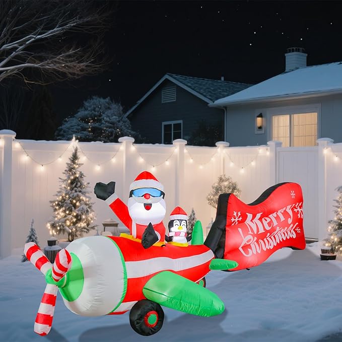 VCUTEKA Christmas Inflatables Outdoor Decorations, 10.5FT Blow Up Airplane Santa Claus and Penguin, Animated Christmas Inflatable Rotating Propeller, LED Light Yard Decoration for Holiday Garden