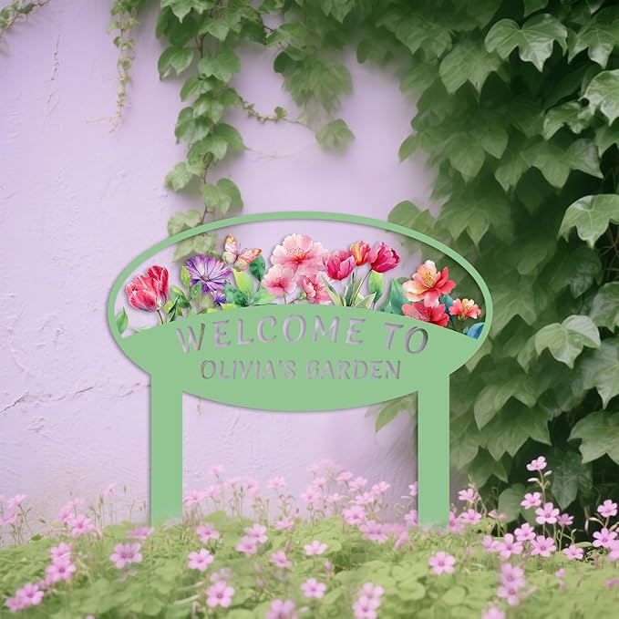 Personalized Butterfly and Flowers Garden Stake,Custom Colorful Flowers Metal Garden Sign,Outdoor Lawn Yard Patio Metal Plaque,Customized Butterfly Gardening Gift style 1
