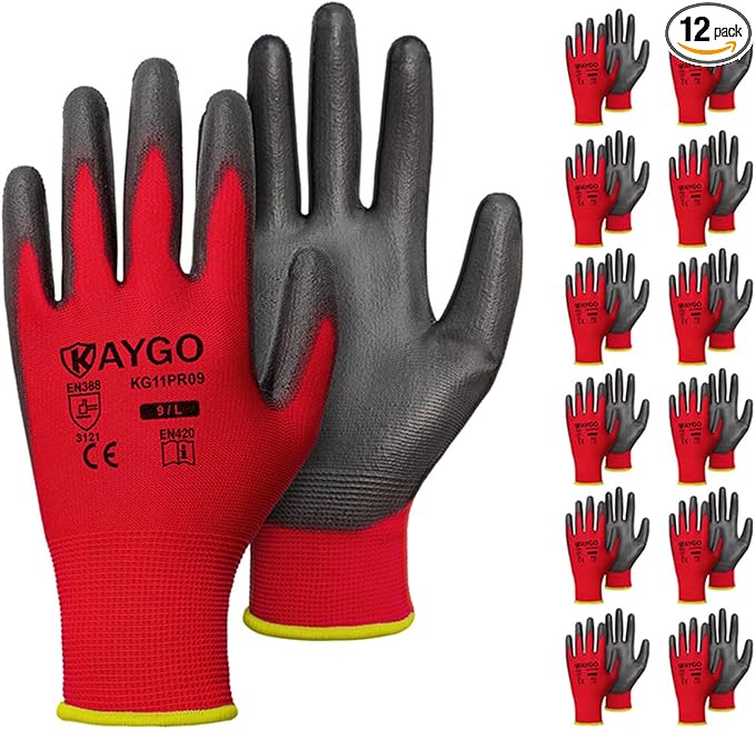 KAYGO Safety Work Gloves PU Coated for Men and Women, 12 Pairs KG11P Seamless Knit Glove with Polyurethane Coated Smooth Grip on Palm and Fingers, Ideal for General Duty Work (L, Red)