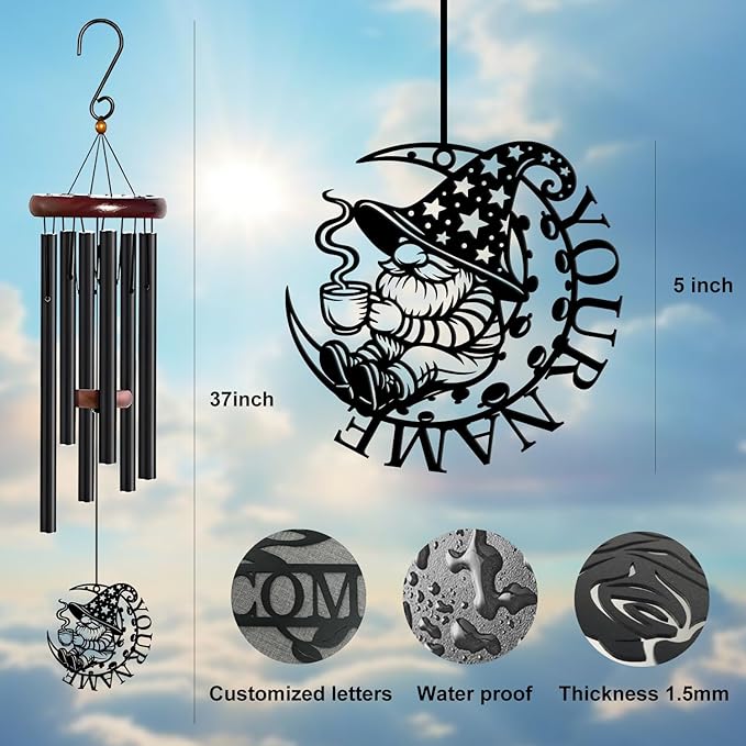Personalized Customize Name Gnome Wind Chime, Metal Iron 37 Inch Outdoor Memorial Gift for Garden Yard Patio Home Decor, Black，Christmas (Style H)