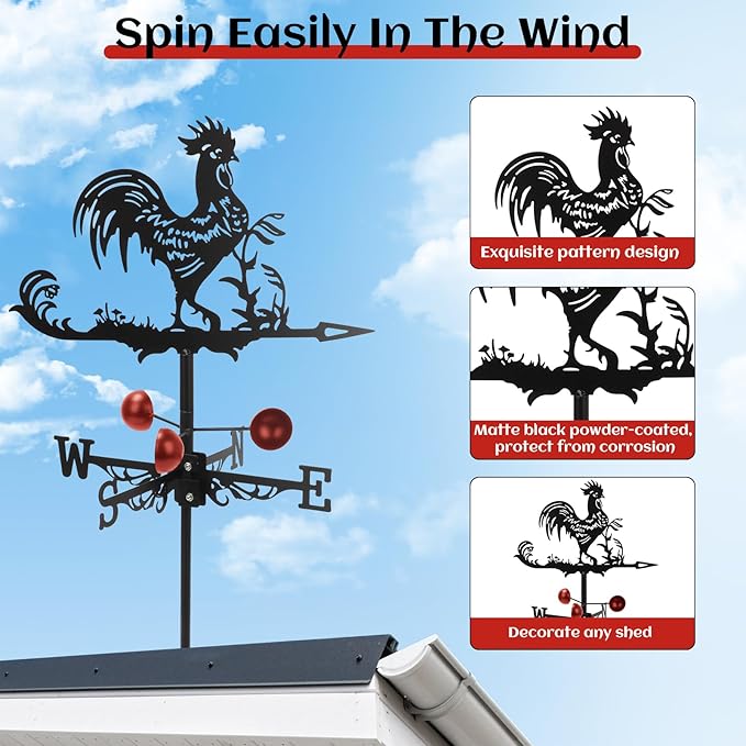 Qivine Rooster Weather Vane Roof Mount, Metal Weathervane Chicken Wind Vane Wind Direction Indicators Weather Vane Ornament for Shed Farmhouse Yard Patio Decor