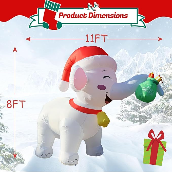 11FT Long Christmas Inflatables White Elephant with Gift Box, Christmas Blow Ups White Elephant Gift Exchange Theme Decoration, Built-in LEDs for Holiday Party Garden Lawn Yard Patio Outdoor