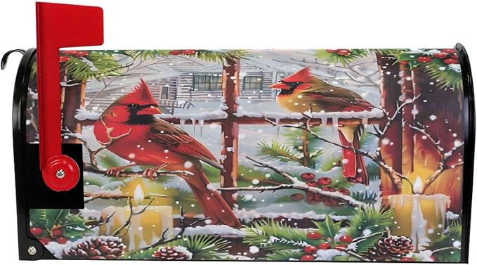 SUABO Mailbox Cover Red Cardinals Old Window Standard Magnetic Mailbox Covers Wraps for Christmas Home Yard Garden Decor