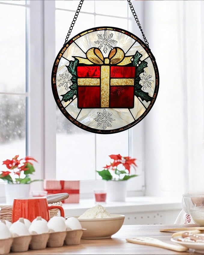 Stained Glass Window Hanging - Snowflake Gift Box Suncatcher for Doors Home Christmas Decoration Winter Sun Catcher Thanksgiving New Year Birthday Gifts for Women Men Mom Nana Girl 11.8 in