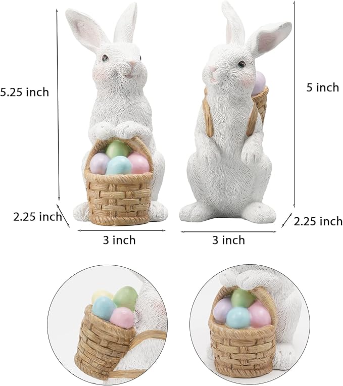 Easter-Basket Bunny-Decor-Figurines Home-Decorations - 2PC Easter Decorations Table Ornaments Resin Spring Bunny Carry Egg Basket Tabletop Decorations for Home Farmhouse 5.25H inch Newman House Studio