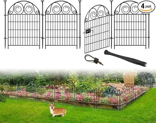 Tall Garden Fencing Animal Barrier with Gate, 32 Inch(H) 4 Panels Dog Fence Outdoor for Yard, Total Length 8.8 Ft Decorative Fence for Garden│Patented
