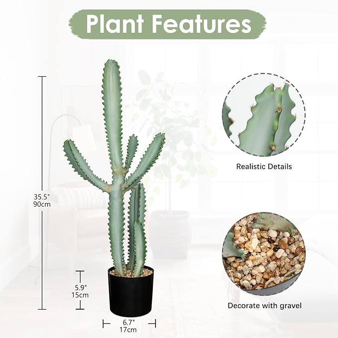 DILATATA 35.4” Tall Fake Cactus Plant Potted Large Cactus Euphorbia lactea 'White Ghost' Big Cacti Plants Artificial Cactus for Home Garden Office Decor Housewarming Gifts Faux Cacti