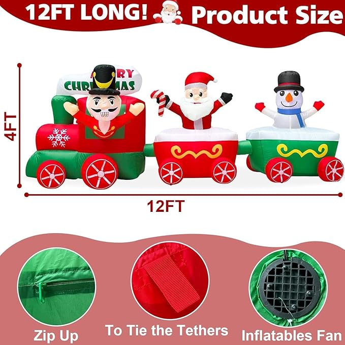 12 Ft Long 4 Ft Tall Christmas Inflatable Train with Nutcracker, Santa Claus and Snowman, Christmas Decorations Outdoor Blow Up Xmas Train Carriage with Build-in LEDs Holiday Party Garden Yard Decor