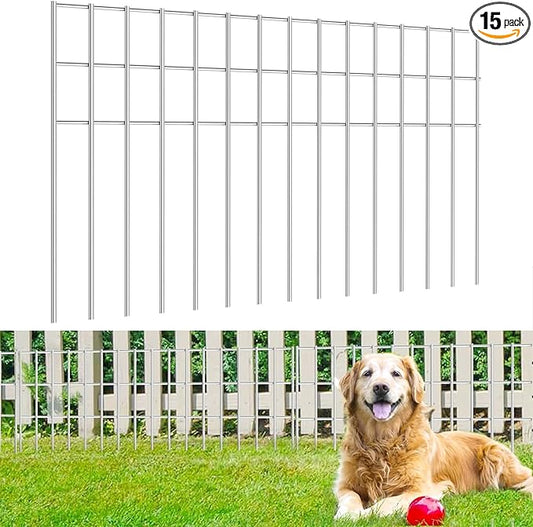 15 Pack 24in(L) X 15in(H) Small/Medium Animal Barrier Fence, 5.5mm Heavy Duty Rod with 1.5" Rod Gap, Dog Rabbits Fences Metal Fence Panel Ground Stakes for Outdoor Patio. Total 30Ft(L)