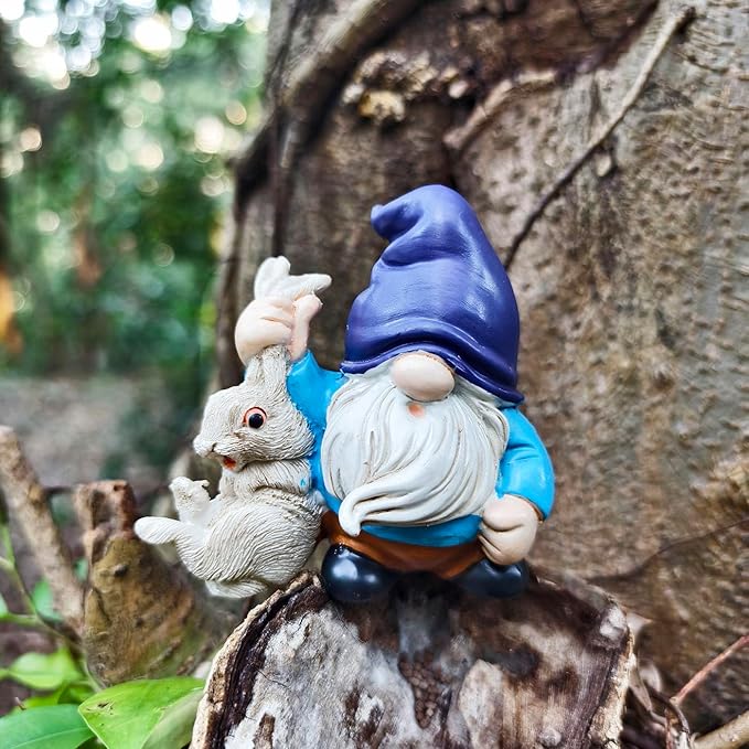 Funny Garden Gnomes with Rabbit Outdoor Statues Gnomes Decorations for Yard Lawn Patio Fairy Garden Figurines Plant Decorations for Pots, Novelty Gifts
