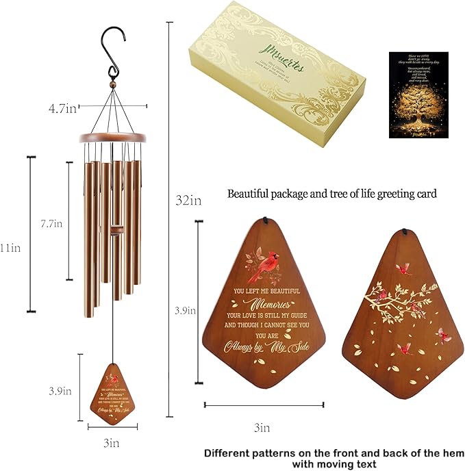 Memorial Sympathy Wind Chimes for Loss of Loved One 32'', Cardinal Wind Chimes in Memory of a Loved One, Cardinal Memorial Gifts, Bereavement Condolence Remembrance Gifts,Wooden,Brown