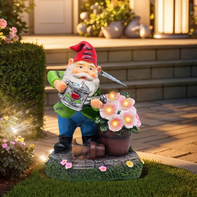 Garden Gnome Statues Decor with Solar Lights, Outdoor Decorations for Yard Porch Lawn Balcony Patio, Housewarming Gifts