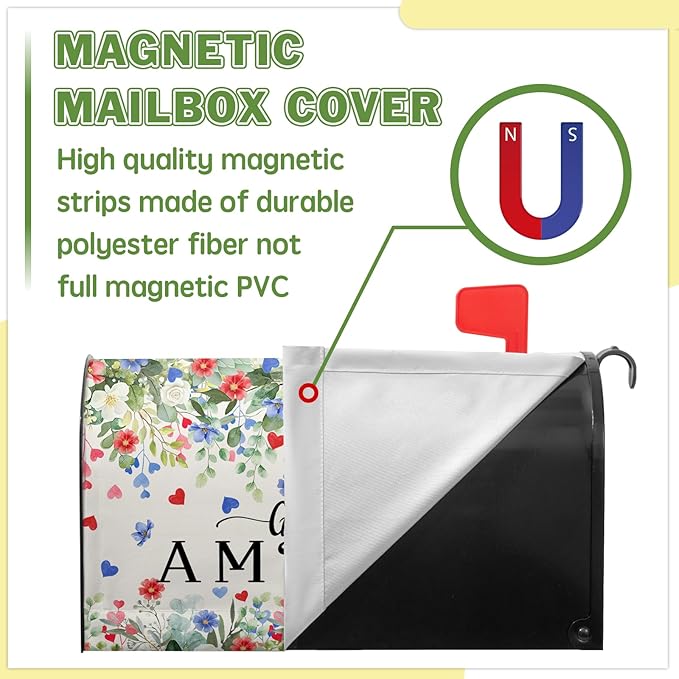 God Bless Patriotic Mailbox Covers 4th of July Mailbox Cover Magnetic Standard Size 21x18 in Red and Blue Floral Post Letter Box Cover Wrap Outdoor Decor for Garden Eucalyptus Leaf