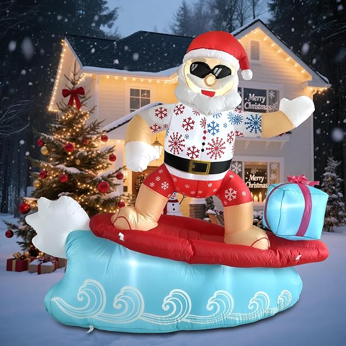 5.6FT Christmas Inflatables Surfing Santa Claus Outdoor Hawaiian Decorations, Christmas Blow Up Yard Decorations with Built-in LED Lights for Indoor Outdoor Holiday Party Garden Patio Yard Lawn Decor