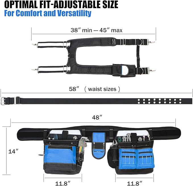 Tool Belt with Suspenders for Men, Heavy Duty Construction Tool Belt with 32 Pockets, 1680D Material, Reflective Strips for Safety, HVAC Toolbelt for Men