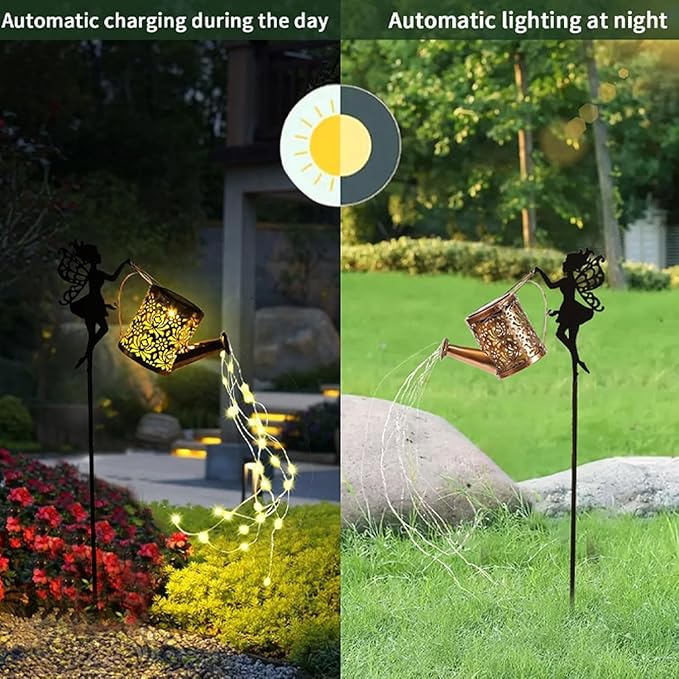 Fairy Garden Decor with Solar Watering Can, Solar Garden Lights Waterproof Hanging Lantern,LED Light String Retro Metal Water Pot Light, for Garden Patio Yard Pathway Lantern Plant Decoration