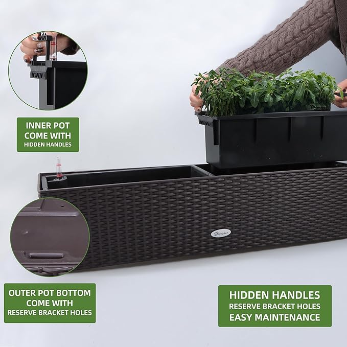 Dexceder 31.5 Inch Rattan Self Watering Planter Indoor Outdoor, Thickened Large Rail Flower Plant Pot Window Box with Water Level Indicators & Bracket (Brown)