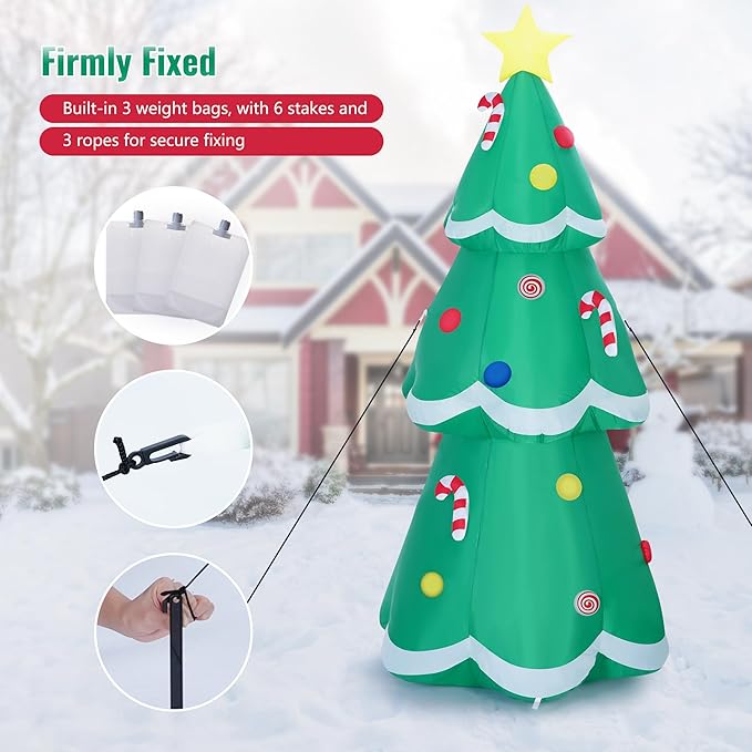 7 FT Christmas Tree Inflatable with LED Lights, Quick Setup, Sturdy Outdoor Holiday Decoration, Includes Sandbags, Stakes, Ropes, Perfect for Yard, Lawn, Garden