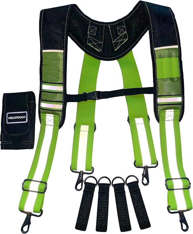 MELOTOUGH Reflective Safety Suspenders Tool Belt Suspenders Construction Work Suspenders with detachable phone holder comfortable foam shoulder padder (Lime)