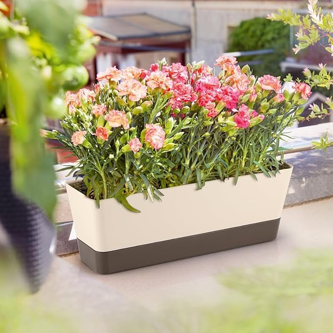 Window Box Planter with Tray, 12" Rectangle Plant Pot, Pack of 2 (Beige)
