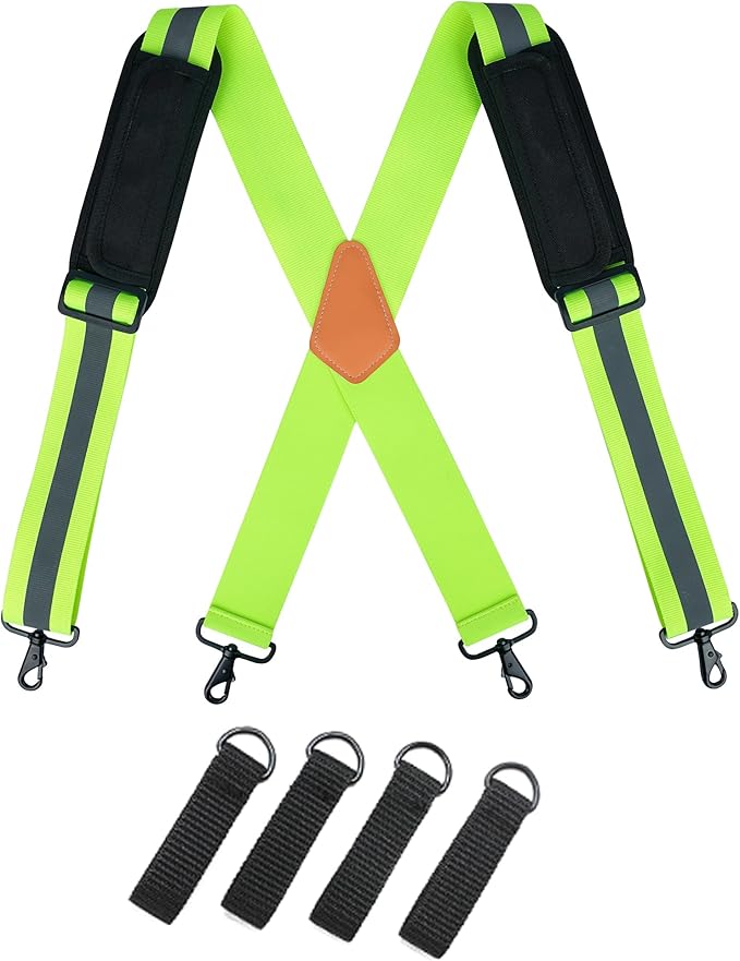 MELOTOUGH High Visibility Tool Belt Suspenders Safety Reflective Tool belt Harness for Heavy Duty Work belt with Movable shoulder Pads, Quick lobster clasp (4 point support with high visibility)