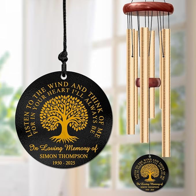 Personalized Tree of Life Memorial Wind Chime – “Listen to The Wind and Think of Me” Custom Engraved Name & Years – Sympathy Gift for Loss of Loved One – Memorial Windchime – Connection Tribute Décor
