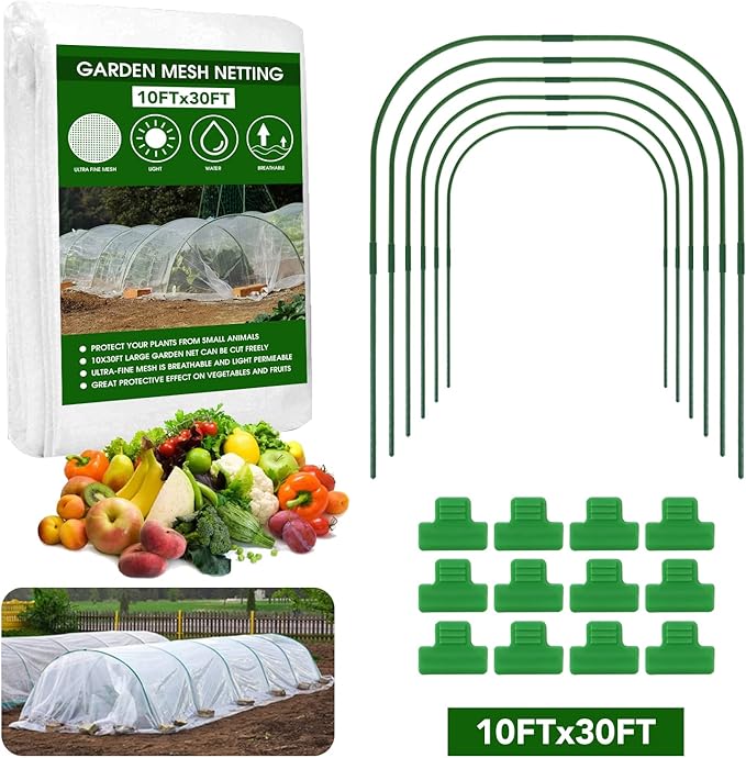 Garden Mesh Netting Kit - 10x30ft Ultra Fine Mesh with 6 Sets Hoops & 12 Clips, Bird Netting Protection for Fruit, Vegetable, Flowers & Animals, Greenhouse Cover