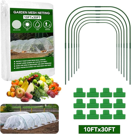 Garden Mesh Netting Kit - 10x30ft Ultra Fine Mesh with 6 Sets Hoops & 12 Clips, Bird Netting Protection for Fruit, Vegetable, Flowers & Animals, Greenhouse Cover