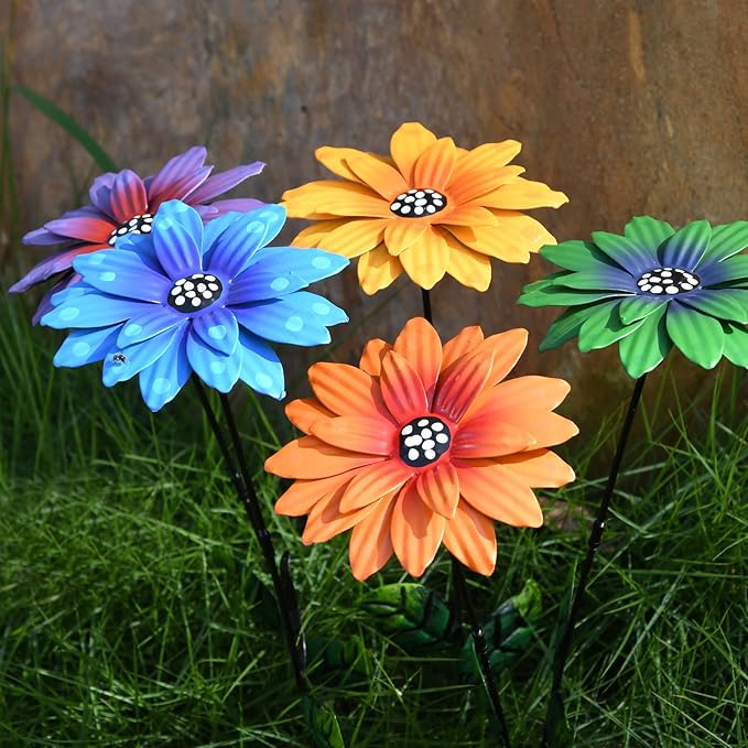 4PC Metal Flowers Outdoor Decor Stake Yard Art Decoration,Garden Metal Plant Flowers Stick Spring Patio Decor