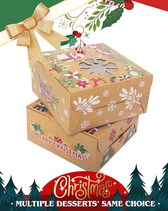qiqee Christmas cowhide Boxes with Window 60pcs 6x6x3 Cookie Boxes Macaron Boxes Small Donut Pastry Boxes for Christmas
