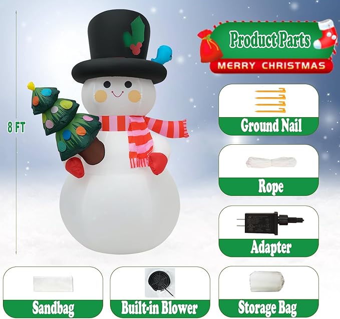 8 FT Christmas Inflatables Snowman Yard Decoration, Blow Up Snowman with Christmas Tree Outdoor Decoration with Rotating LED Lights for Holiday Party Garden Lawn Decor, Xmas New Year Kids Gifts