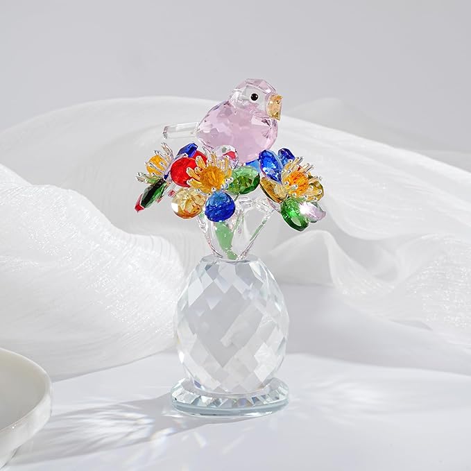 Crystal Bird & Forget-Me-Not Flower Figurine,3x4 inch Glass Flower Collectible Ornaments for Home Decor Table Centerpiece Glass Bouquet Flowers Keepsake Gifts for Women （Colorful）