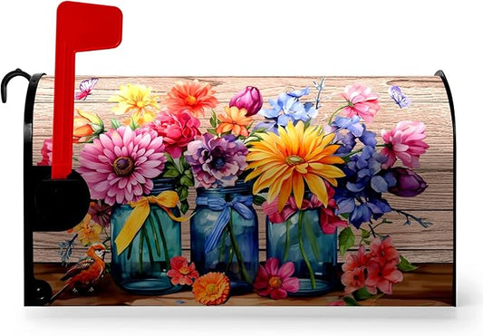 Fall Mailbox Cover Magnetic Butterfly Daisy Jars Rustic Mailbox Wraps Autumn Floral Colorful Flowers Mail Box Covers Decals Letter Post Box Outdoor Decorations Standard 21" Lx 18" W