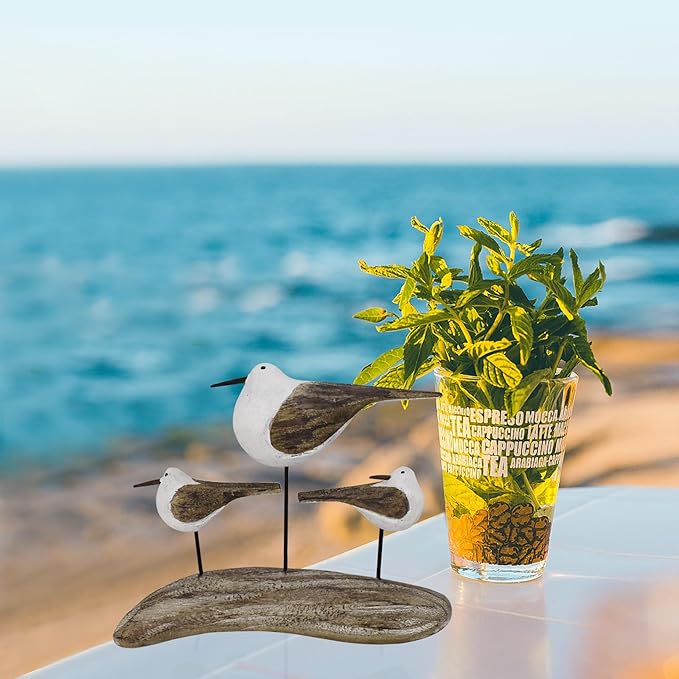 Aecipl Wooden Sea Bird Statue Seagull On Stand Decor Nautical Coastal Birds Sculpture Indoor Outdoor Animal Figurine Beach Themed Decoration Rustic Home Art for Bedroom Garden (E)