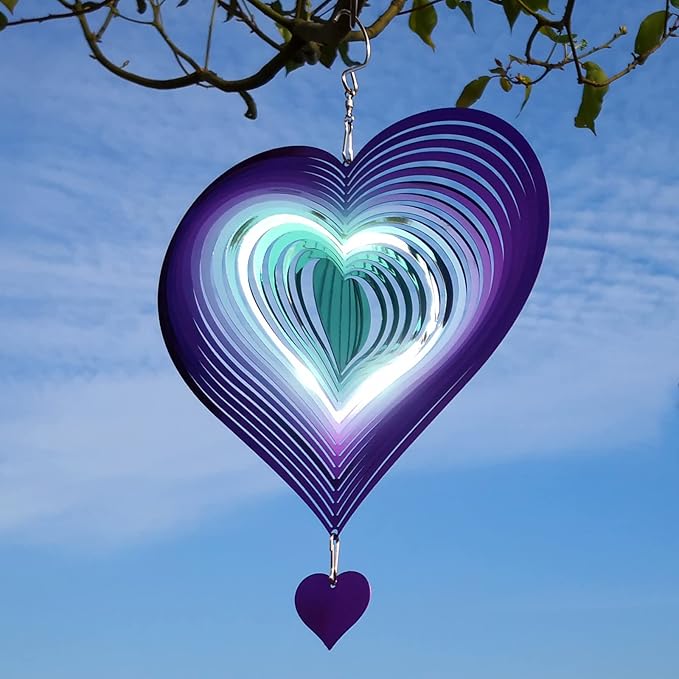 DJUAN Wind Spinner Purple-Green Gradient Love Heart 3D Metal Hanging Wind Spinners Worth Gift Stainless Steel Yard Art Decorations Indoor/Outdoor Kinetic Wind Sculptures & Spinners