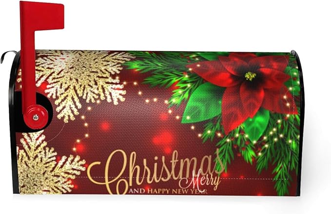 Christmas Mailbox Covers Poinsettia Gold Snowflake Xmas Magnetic Letter Post Box Cover Standard Size 25.5 x 21 Inch Garden Yard Home New Year Holiday Decorative