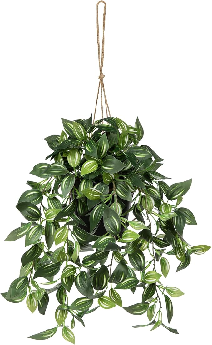 Briful Artificial Hanging Plants in Black Pot 17.7" Lifelike Trailing Faux Watermelon Peperomia Silk Plant with Cascading Green Leaves Fake Hanging Greenery for Indoor & Outdoor Home Garden Décor