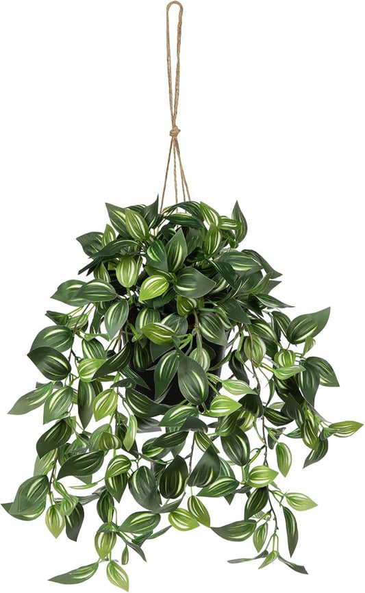 Briful Artificial Hanging Plants in Black Pot 17.7" Lifelike Trailing Faux Watermelon Peperomia Silk Plant with Cascading Green Leaves Fake Hanging Greenery for Indoor & Outdoor Home Garden Décor