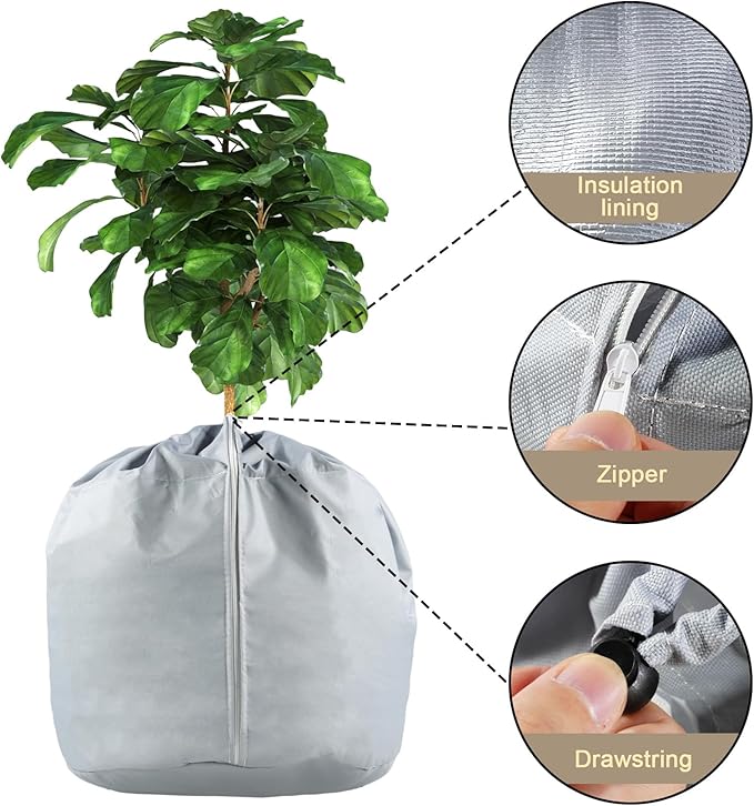 Plant Winter Protection Pot for Winter - Anti-Frost Winter Pot Plant Cover with Drawstring and Zipper,17.7" x 19.7" Plant Pot Frost Protection Bag for Winter Outdoor Fruit Trees ,Bonsai plants ,Shrubs