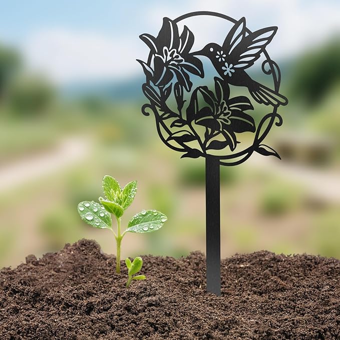 CUTHOLLOW Metal Plant Marker Stake Hummingbird and Flower for Outdoor Indoor, Waterproof 11.8 inch Cute Garden Plant Labels Sign Tag for Vegetables, Farmhouse Greenhouse Decor - Funny Gardening Gifts