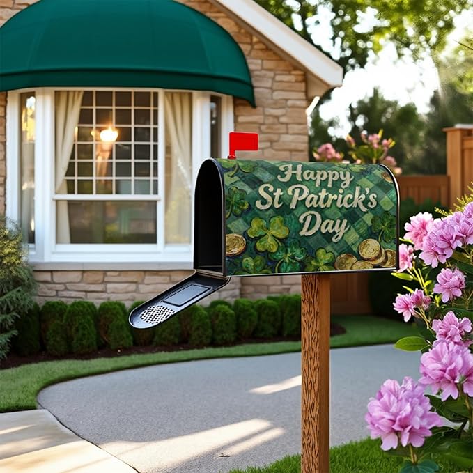 St. Patrick's Day Large Mailbox Covers Magnetic Oversized Green Plaid Shamrock Coin Print Saint Patricks Holiday Outdoor Spring Decorative Letter Box Cases for Home Garden Outside Decor, 25.5x21 Inch