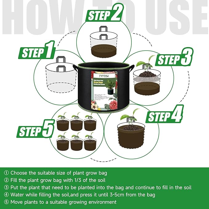 5-Pack 5 Gallon Plant Grow Bags, Thickened Nonwoven Fabric Pots with Handles,Durable Garden Planters Aeration Gardening Container to for Plants, Vegetables, and Flowers