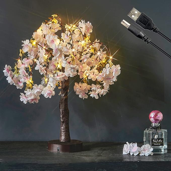 Fudios Lighted Bonsai Tree with Cherry Blossom Branches 40 LED 18IN Japanese Room Decor,Flower Tree with Lights Battery USB Plug for Wedding Party Summer Mantle Decoration