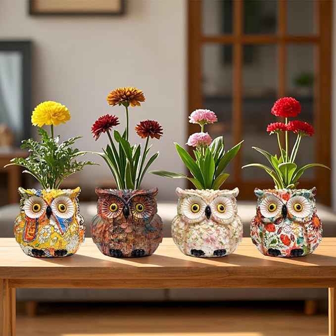 Owl Planter, Owl Succulent Pots, Funny Plant Pots Indoor/Outdoor, Decorative Garden Flower Pot, Cute Small Planters for office Home Decor, Unique Statue Figurine Gifts for Women Mother Teacher Red