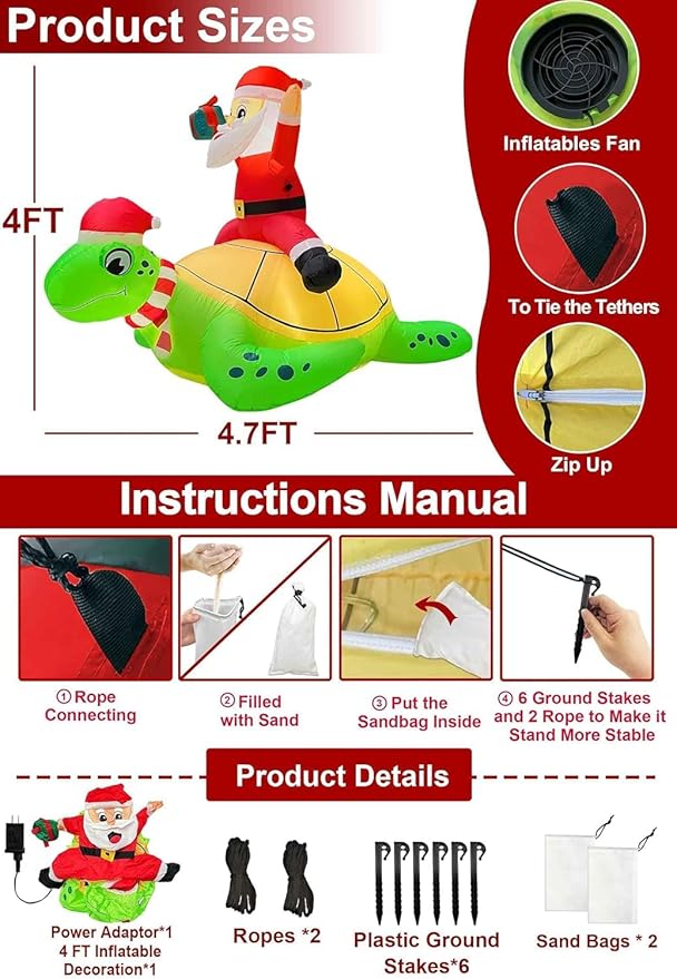 AMENON 5 FT by 4 FT Christmas Inflatables Santa Claus Ride on Sea Turtle Christmas Blow Up Yard Decorations Christmas Decorations Outdoor Built-in LEDs Xmas Decor Party Outside Holiday Lawn Garden