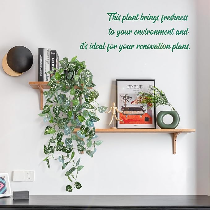 LOYWREE Fake Hanging Plant with Pot, Artificial Potted Fern Plant, 28.7-in Long Faux Hanging Vine Plant for Shelf Home Office Indoor Outdoor Garden Greenery Decor (Black Pot)
